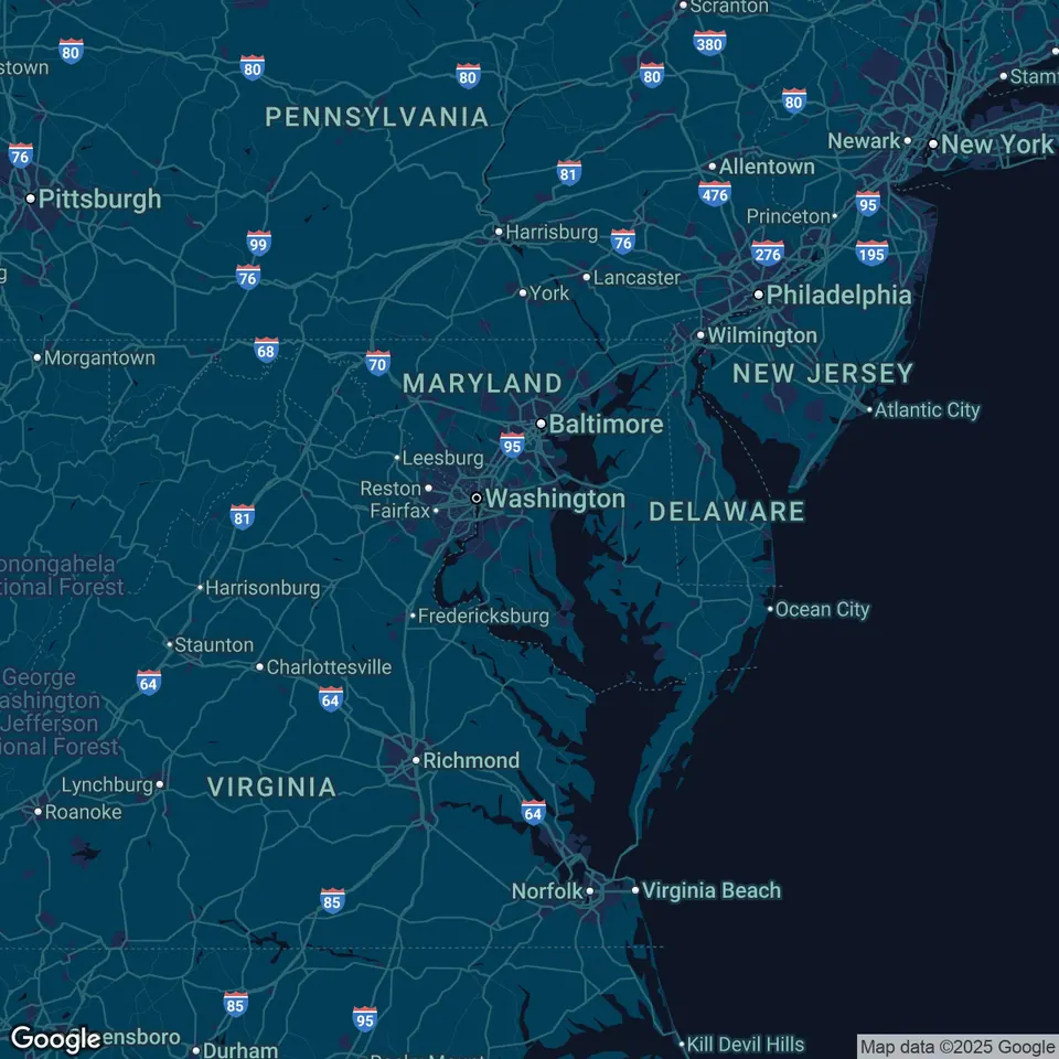 Map of the Mid-Atlantic coast: Pennsylvania, New Jersey, Maryland and Delaware