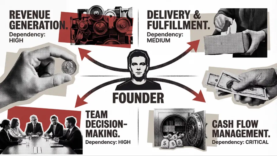 Diagram with the founder at the centre and arrows out to four areas: revenue generation (dependency high), delivery and fulfillment (medium), team decision-making (high) and cash flow management (critical)
