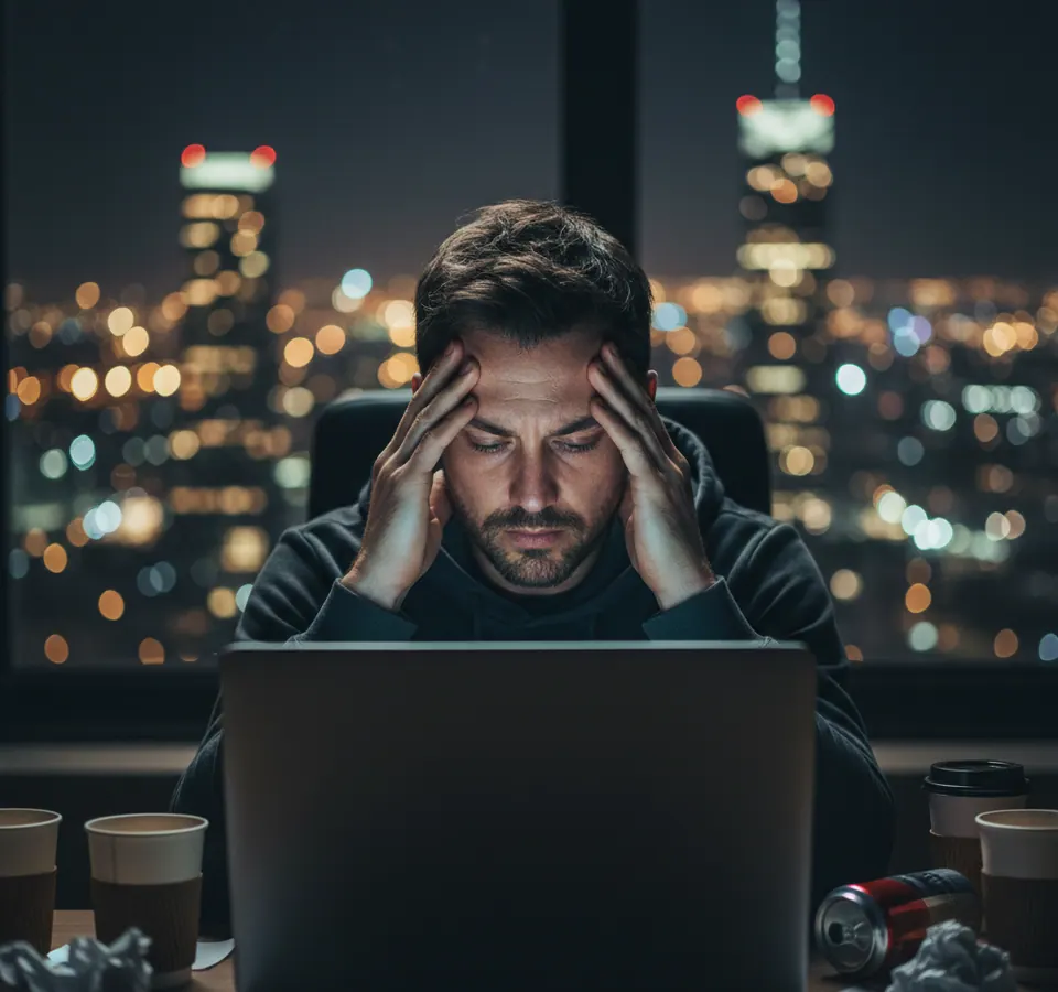 A man at a laptop late at night with his head in his hands, surrounded by empty coffee cups